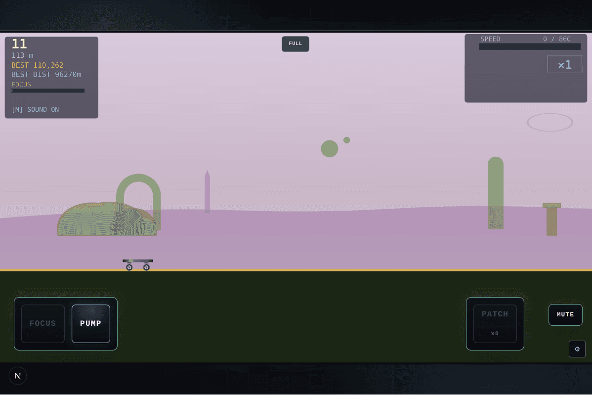 Runtime Rush gameplay — a skater navigating procedural terrain with power-ups and HUD visible